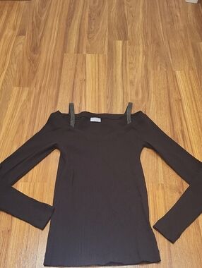 Brunello Cucinelli Dark Brown Ribbed Off-Shoulder Sweater With Monili